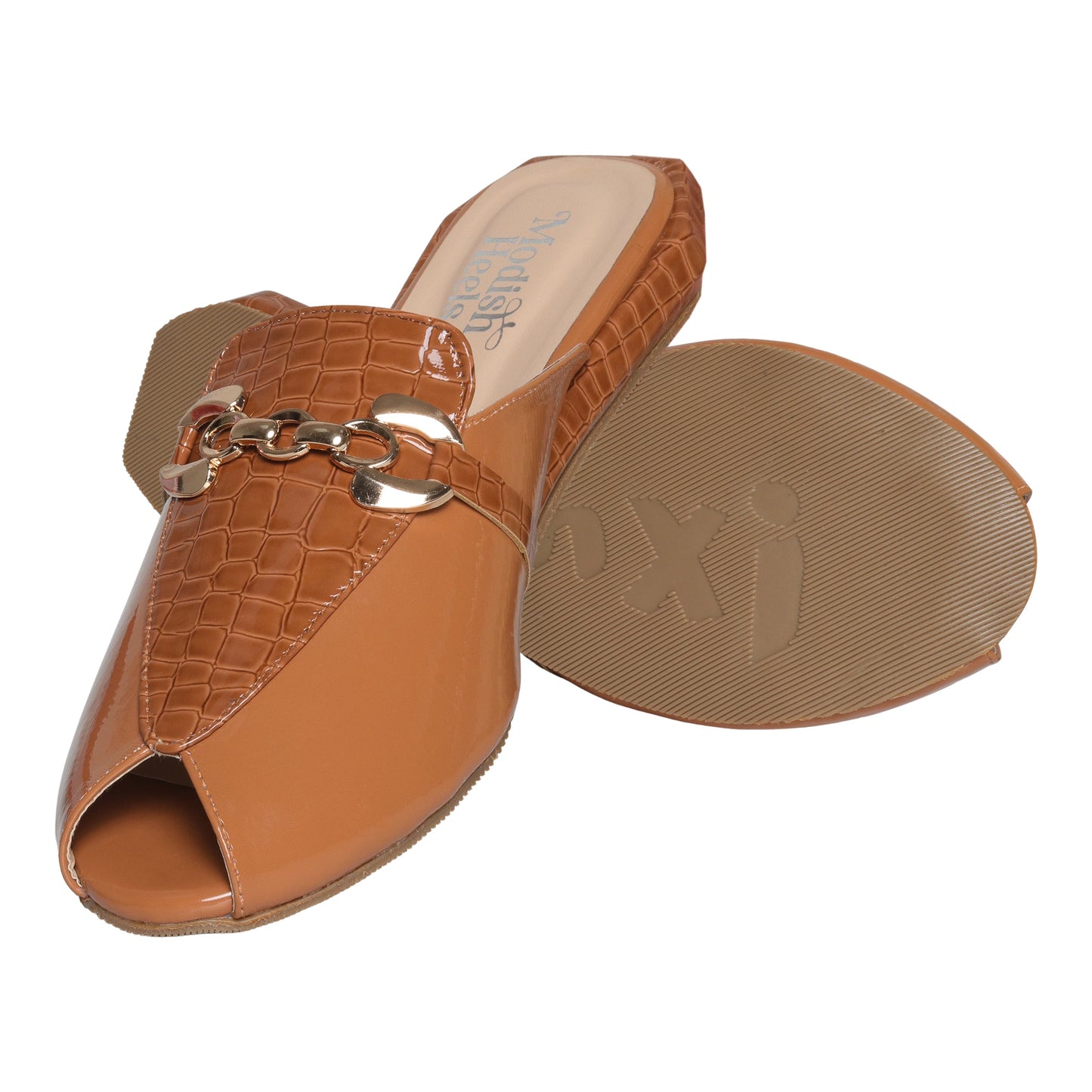 Brown Patent Mules with Croc Detail