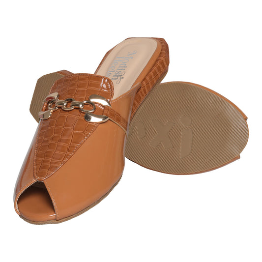 Brown Patent Mules with Croc Detail