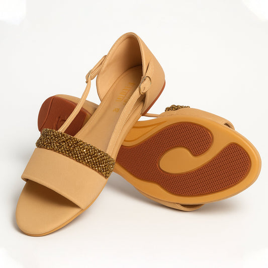 Beige Beaded Flat Sandals