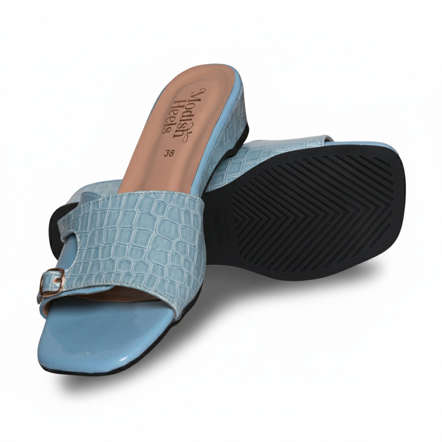 Light Blue Croc-Effect Buckle Slides