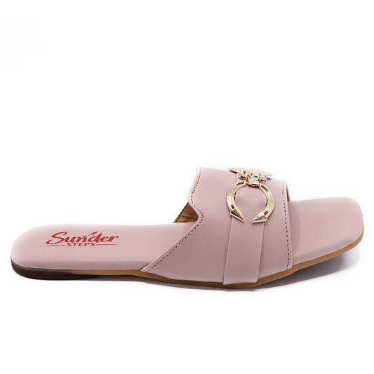 Blush Pink Slip-On Flats with Gold Buckle Detail-014