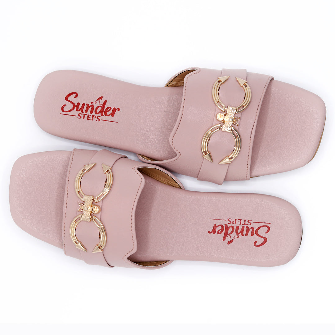 Blush Pink Slip-On Flats with Gold Buckle Detail-014