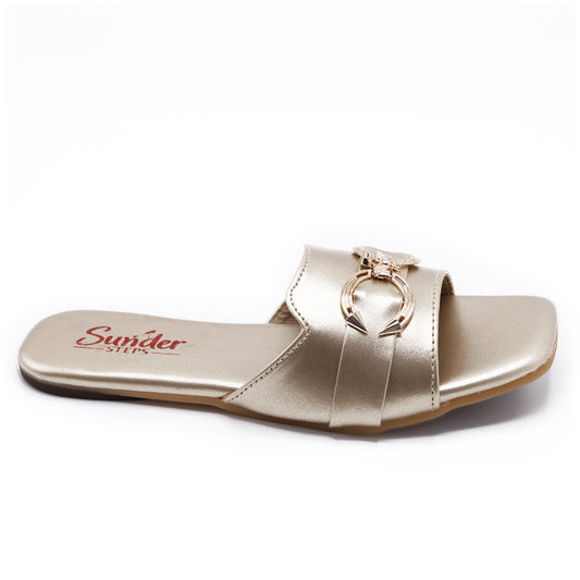 Golden Slip-On Flats with Gold Buckle Detail-009