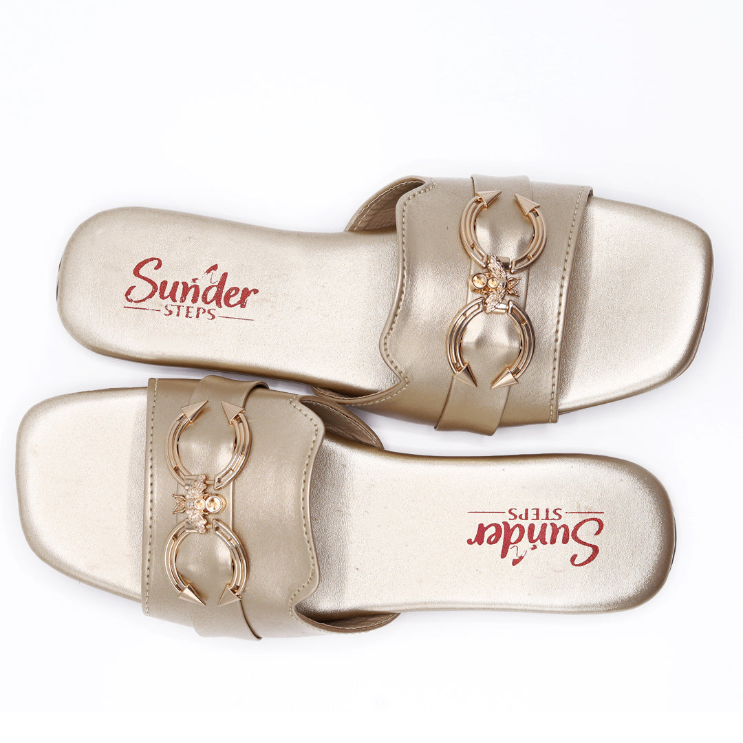 Golden Slip-On Flats with Gold Buckle Detail-009