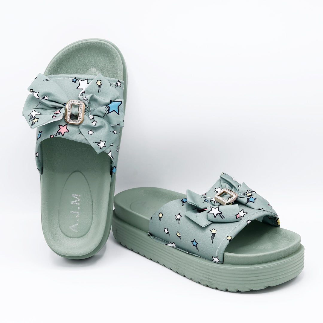 Comfy Foam Slides A10 – Starry Mint Green Bow Style