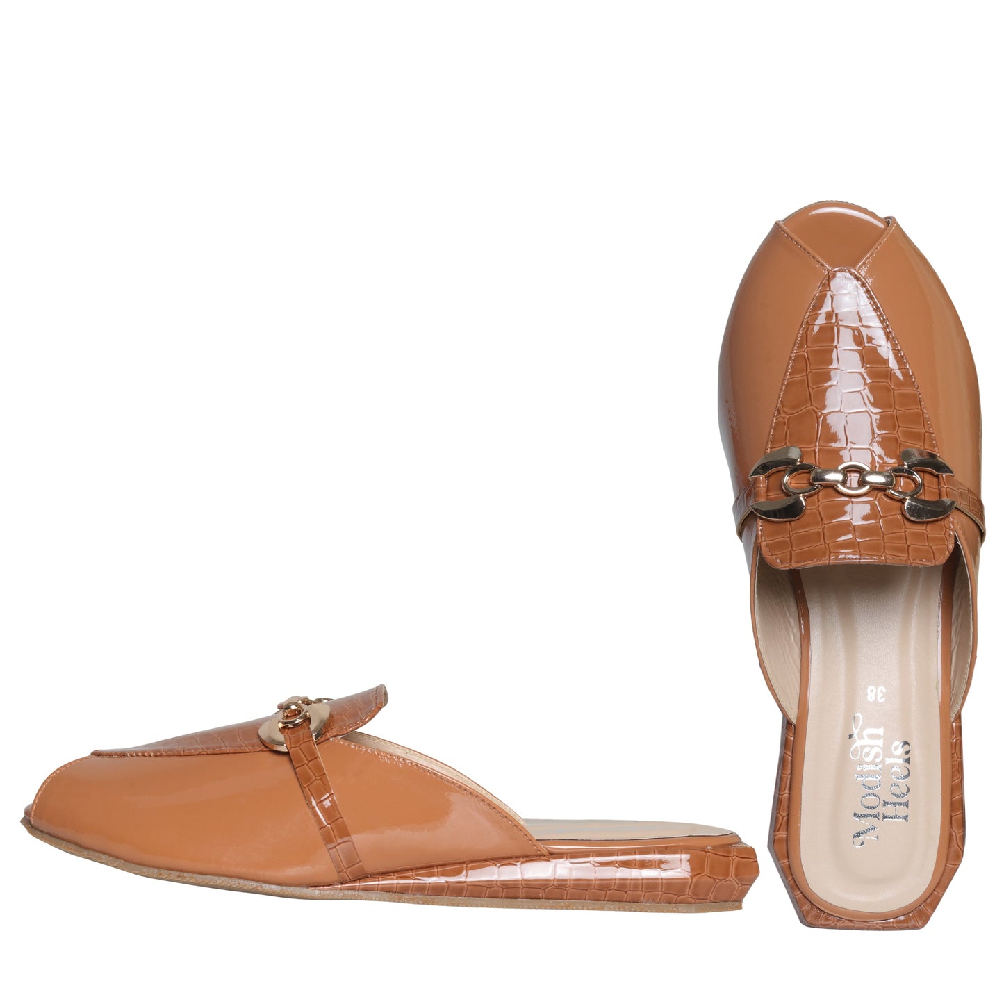 Brown Patent Mules with Croc Detail